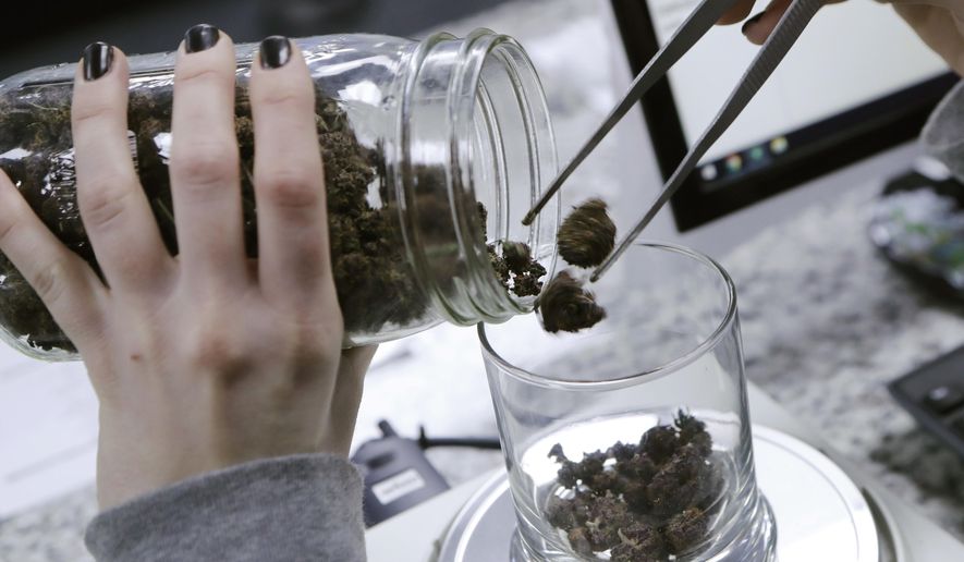 In this Nov. 7, 2019, file photo, an attendant weighs marijuana at the Far West Holistic Center dispensary, in Detroit. (AP Photo/Carlos Osorio/File)