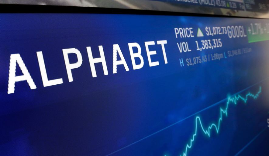FILE- In this Feb. 14, 2018, file photo the logo for Alphabet appears on a screen at the Nasdaq MarketSite in New York.  Uncertainty over U.S. trade conflicts and signs of a slowing global economy have led many S&amp;amp;P 500 companies to lower expectations for how much profit they made in the spring 2019.  (AP Photo/Richard Drew, File)