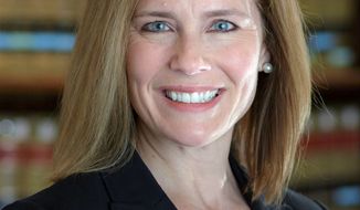 Federal appellate judge Amy Coney Barrett. Ms. Barrett is on President Trump&#39;s list of potential Supreme Court appointees, and considered to be a strong contender for the seat vacated by Justice Ruth Bader Ginsburg&#39;s death. (Associated Press photo)  **FILE**