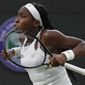 United States&#39; Cori &amp;quot;Coco&amp;quot; Gauff celebrates after beating Slovakia&#39;s Magdalena Rybaikova in a Women&#39;s singles match during day three of the Wimbledon Tennis Championships in London, Wednesday, July 3, 2019. (AP Photo/Alastair Grant)