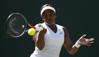 United States&#39; Sloane Stephens returns to China&#39;s Yafan Wang in a Women&#39;s singles match during day four of the Wimbledon Tennis Championships in London, Thursday, July 4, 2019. (AP Photo/Alastair Grant) **FILE**
