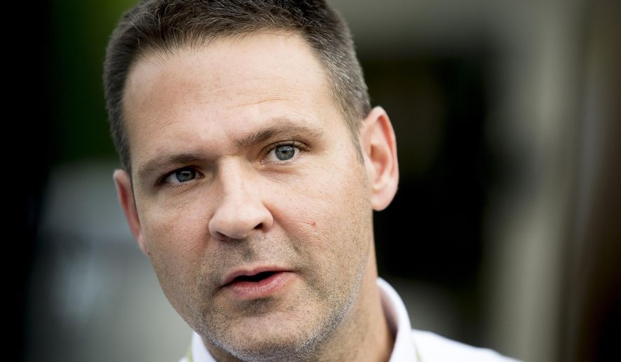 FILE - In this Wednesday, June 12, 2019, file photo, All Scripture Baptist Church Pastor Grayson Fritts speaks with the media at the church's Cherry Street location in Knoxville, Tenn. The former Knox County detective, who drew national attention for a sermon calling for the execution of gay people, had been posting similar hate-filled sermons since he was ordained in February 2018. (Calvin Mattheis//Knoxville News Sentinel via AP, File)