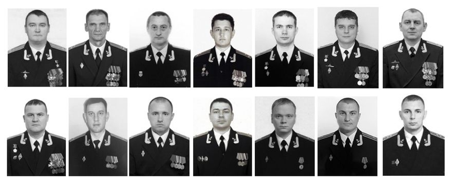 The combo of photos of the 14 crew members who died in a fire on a Russian navy's deep-sea research submersible, distributed on July 4, 2019, by Russian Defense Ministry Press Service, shows from a top row: Captain 1st rank Denis Dolonsky, Captain 1st rank Nikolay Filin, Captain 1st rank Vladimir Abankin, Captain 1st rank Andrei Voskresensky, Captain 1st rank Anatoly Ivanov, Captain 1st rank Denis Oparin, Captain 1st rank Konstantin Somov, Bottom row: Captain 2nd rank Alexander Avdonin, Captain 2nd rank Sergei Danilchenko, Captain 2nd rank Dmitry Solovyov, medical service Colonel Alexander Vasilyev, Captain 3rd rank Viktor Kuzmin, Captain 3rd rank Vladimir Sukhinichev, Lt. Captain Mikhail Dubkov. The Defense Ministry said the 14 seamen were killed by toxic fumes from the blaze. (Russian Defense Ministry Press Service via AP)