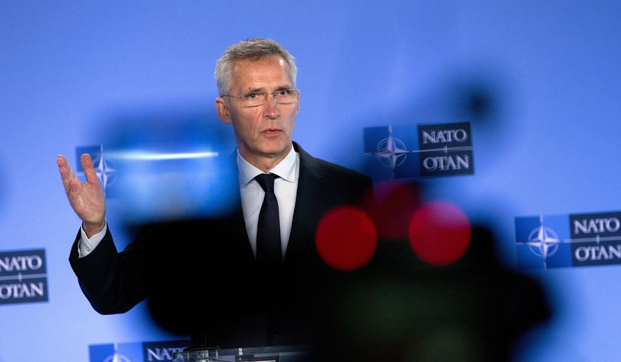 NATO Secretary General Jens Stoltenberg speaks during a media conference at NATO headquarters in Brussels, Friday, July 5, 2019. NATO ambassadors held a NATO-Russia council meeting on Friday chaired by NATO Secretary General Jens Stoltenberg. (AP Photo/Virginia Mayo)