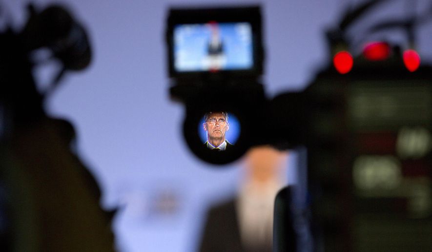 NATO Secretary General Jens Stoltenberg speaks during a media conference at NATO headquarters in Brussels, Friday, July 5, 2019. NATO ambassadors held a NATO-Russia council meeting on Friday chaired by NATO Secretary General Jens Stoltenberg. (AP Photo/Virginia Mayo)