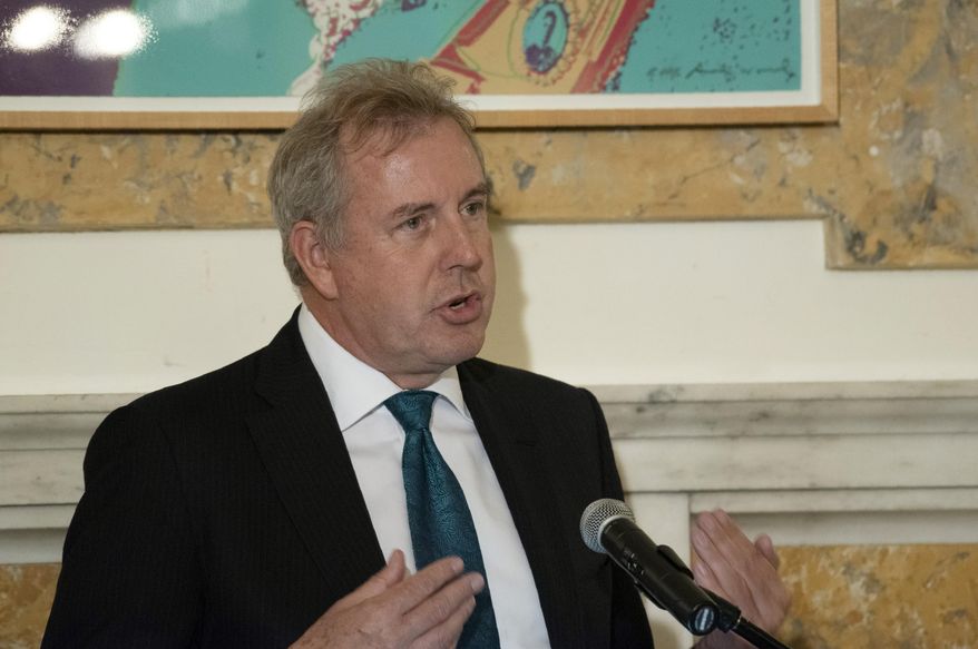 In this Friday, Oct. 20, 2017, file photo, British Ambassador Kim Darroch hosts a National Economists Club event at the British Embassy in Washington. Leaked diplomatic cables published Sunday, July 7, 2019, in a British newspaper reveal that Britain's ambassador to the United States described President Donald Trump's administration as "clumsy and inept" while grappling with international problems. (AP Photo/Sait Serkan Gurbuz)