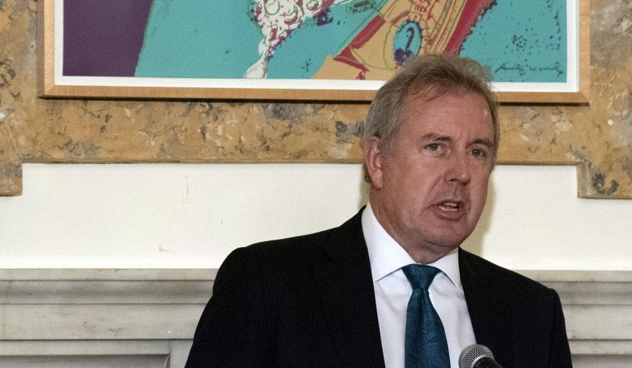 In this Friday, Oct. 20, 2017 photo, British Ambassador Kim Darroch hosts a National Economists Club event at the British Embassy in Washington. Leaked diplomatic cables published Sunday, July 7,2 019, in a British newspaper reveal that Britain's ambassador to the United States described President Donald Trump's administration as "clumsy and inept" while grappling with international problems.   (AP Photo/Sait Serkan Gurbuz)