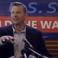 Former Kansas Secretary of State Kris Kobach addresses the crowd as he announces his candidacy for the Republican nomination for the U.S. Senate Monday, July 8, 2019, in Leavenworth, Kan. (AP Photo/Charlie Riedel)