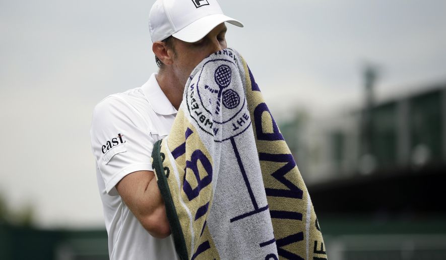 United States' Sam Querrey wipes his face as he plays United States' Tennys Sandgren in a Men's singles match during day seven of the Wimbledon Tennis Championships in London, Monday, July 8, 2019. (AP Photo/Tim Ireland)