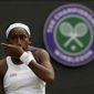 United States&#39; Cori &amp;quot;Coco&amp;quot; Gauff wipes her face during a women&#39;s singles match against Romania&#39;s Simona Halep on day seven of the Wimbledon Tennis Championships in London, Monday, July 8, 2019. (AP Photo/Kirsty Wigglesworth)