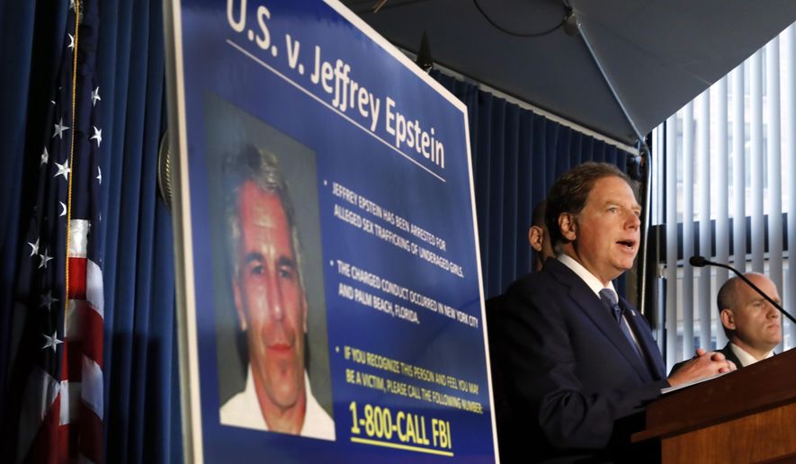 United States Attorney for the Southern District of New York Geoffrey Berman speaks during a news conference, in New York, Monday, July 8, 2019. Federal prosecutors announced sex trafficking and conspiracy charges against wealthy financier Jeffrey Epstein. Court documents unsealed Monday show Epstein is charged with creating and maintaining a network that allowed him to sexually exploit and abuse dozens of underage girls.(AP Photo/Richard Drew)