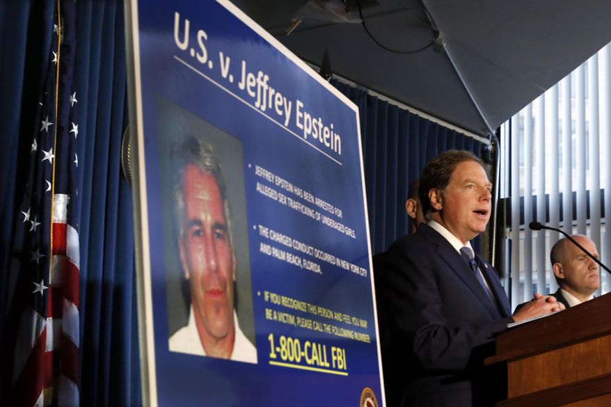 United States Attorney for the Southern District of New York Geoffrey Berman speaks during a news conference, in New York, Monday, July 8, 2019. Federal prosecutors announced sex trafficking and conspiracy charges against wealthy financier Jeffrey Epstein. Court documents unsealed Monday show Epstein is charged with creating and maintaining a network that allowed him to sexually exploit and abuse dozens of underage girls.(AP Photo/Richard Drew)