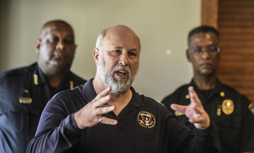 Ed Malinowski of the National Transportation Safety Board, in Oxford, Miss. on Monday, July 8, 2019, speaks about a Saturday, July 6, 2019, small plane crash at the Ole Miss Golf Course that eventually claimed the life of the pilot Lake Little, age 18, of Starkville, Miss. (Bruce Newman/The Oxford Eagle via AP)