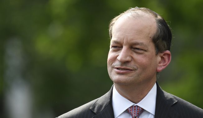 Labor Secretary Alex Acosta attends an event with President Donald Trump to welcome the 2018 NASCAR Cup Series Champion Joey Logan on the South Lawn of the White House in Washington, Tuesday, April 30, 2019. (AP Photo/Susan Walsh)