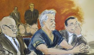 In this courtroom artist&#39;s sketch, defendant Jeffrey Epstein, center, sits with attorneys Martin Weinberg, left, and Marc Fernich during his arraignment in New York federal court, Monday, July 8, 2019. Epstein pleaded not guilty to federal sex trafficking charges. The 66-year-old is accused of creating and maintaining a network that allowed him to sexually exploit and abuse dozens of underage girls from 2002 to 2005. (Elizabeth Williams via AP)