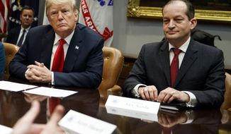FILE - In this Sept. 17, 2018, file photo, President Donald Trump, left, and Labor Secretary Alexander Acosta listen during a meeting of the President&#39;s National Council of the American Worker in the Roosevelt Room of the White House in Washington. The arrest of billionaire financier Jeffrey Epstein on child sex trafficking charges is raising new questions about the future of Acosta as well as Epstein’s relationships with several major political figures, including President Donald Trump and former President Bill Clinton. (AP Photo/Evan Vucci, File)