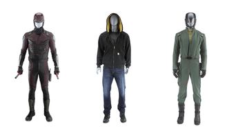 This combination of photos released by Marvel Entertainment shows costumes from Marvel characters, from left, Matt Murdock’s costume from &amp;quot;Marvel&#39;s Daredevil,&amp;quot; Luke Cage’s Bullet-Riddled Costume from &amp;quot;Marvel&#39;s Luke Cage&amp;quot; and Willis ‘Diamondback’ Stryker’s Light-Up Battle Costume from &amp;quot;Marvel&#39;s Luke Cage,&amp;quot; which are among hundreds of Marvel items up for auction by Prop Store on Aug. 12-13. (Marvel Entertainment via AP)