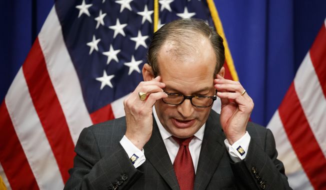 Labor Secretary Alex Acosta speaks during a news conference at the Department of Labor, Wednesday, July 10, 2019, in Washington. (AP Photo/Alex Brandon)