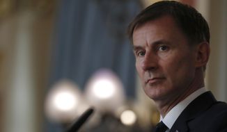 Britain&#39;s Foreign Secretary Jeremy Hunt, listens to a question during a press conference with the Bishop of Truro Philip Mounstephen about the Bishop&#39;s final report into the Foreign Office&#39;s support for Persecuted Christians around the world, in London, Monday, July 8, 2019. (AP Photo/Alastair Grant, pool)