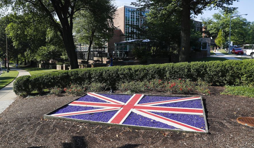 The British Embassy in Washington, Wednesday, July 10, 2019. British ambassador to the U.S., Kim Darroch, resigned Wednesday, just days after diplomatic cables criticizing President Donald Trump caused embarrassment to two countries that often celebrated having a "special relationship". (AP Photo/Pablo Martinez Monsivais)