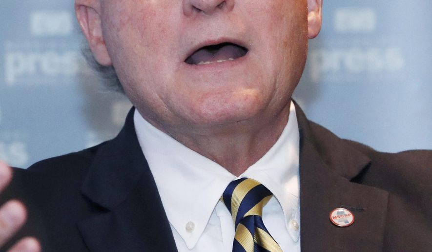 FILE - In this June 21, 2019, file photograph, former Mississippi Supreme Court Chief Justice Bill Waller, a candidate for the Republican nomination for governor, speaks at a candidates forum in Biloxi, Miss. Mississippi candidates for public offices face a campaign finance report deadline, Wednesday, July 10, 2019. (AP Photo/Rogelio V. Solis, File)
