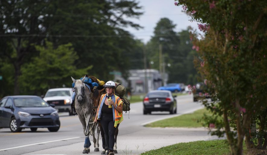 Sarah Murphy walks along Dunn Road in Fayetville. N.C., with her horses UFO and Rob Roy after grabbing a drink to cool off on Tuesday, July 9, 2019. Murphy is walking and riding her two horses across West Virginia, Virginia and North Carolina along the route of the Atlantic Coast Pipeline to protest against its construction and to raise awareness surrounding it. She expects to finish in the next week or so at the pipeline's end near Pembroke. Murphy has been traveling since April. (Sue Gerrits/The Fayetteville Observer via AP)
