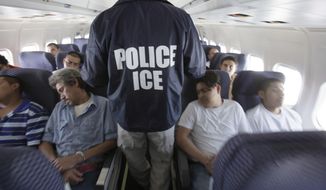In this May 25, 2010, photo, an Immigration and Customs Enforcement agent walks down the aisle among shackled Mexican immigrants a boarded a U.S. Immigration and Customs Enforcement charter jet for deportation in the air between Chicago, Il. and Harlingen, Texas. (Associated Press) **FILE**