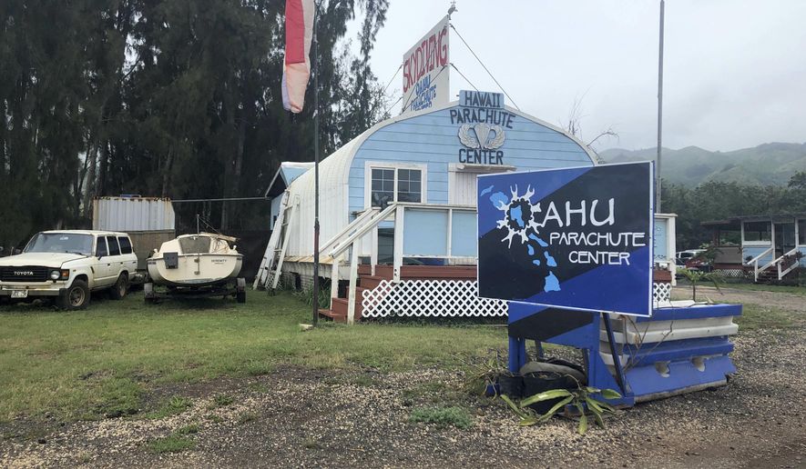 FILE - This June 28, 2019 file photo, shows the Oahu Parachute Center near Dillingham Airfield in Waialua, Hawaii. The skydiving company that was operating a plane that crashed and killed 11 people last month did not have the proper state permits to take people skydiving. Documents released by the state Wednesday, July 10, 2019, show Oahu Parachute Center was "not in good standing" with the Department of Commerce and Consumer Affairs as of April 2019. It also was not a registered tenant for the state land it occupied. (AP Photo/Caleb Jones, File)