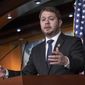 In this April 13, 2018, photo, Rep. Ruben Gallego, D-Ariz., speaks at a news conference on Capitol Hill in Washington to criticize President Donald Trump for his threatened strikes in Syria. (AP Photo/J. Scott Applewhite) **FILE**