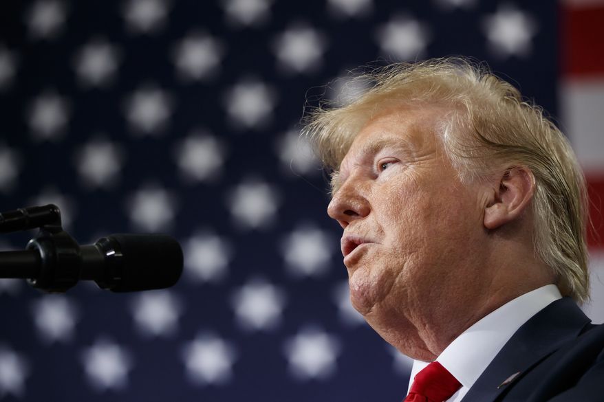 President Donald Trump speaks at Derco Aerospace Inc., a subsidiary of Lockheed Martin, Friday, July 12, 2019, in Milwaukee. (AP Photo/Alex Brandon)