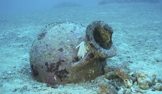 In this undated photo provide by PRM Nautical Foundation on Friday, July 12, 2019, an amphora which dates from between the 7th and 5th centuries BC stands underwater near the shores of the Karaburun peninsula, Albania.  A joint Albanian - American underwater archaeological team said they have found 22 amphoras that are at least 2,500 years old off the Albanian coast, which might yield an ancient shipwreck.(RPM Nautical Foundation via AP)