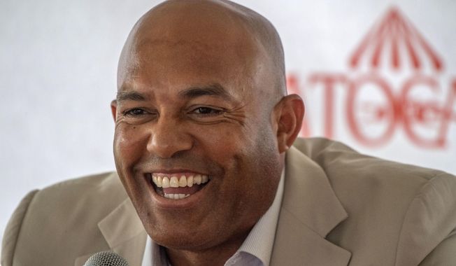 Mariano Rivera speaks to the media during a visit to Saratoga Race Course on Friday, July 12, 2019, in Saratoga Springs, N.Y. The day&#x27;s third race was named &amp;quot;The Mariano Rivera Hall of Fame&amp;quot; as part of the Spa&#x27;s tribute to the retired New York Yankees pitcher. (Skip Dickstein/The Albany Times Union via AP)/The Albany Times Union via AP)