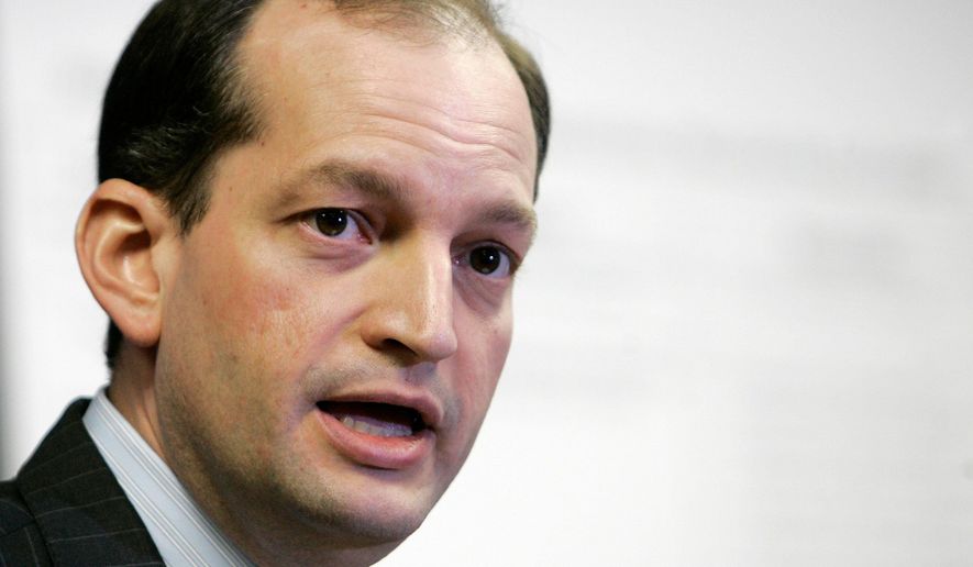 FILE - In this Jan. 16, 2008 file photo, U.S. Attorney for Southern Florida R. Alexander Acosta speaks to reporters during a news conference in Miami. On Friday, July 12, 2019, The Associated Press reported on stories circulating online incorrectly asserting that prosecutors struck a secret plea deal with Jeffrey Epstein under the Obama administration. Obama did not take office until Jan. 20, 2009, after then-Miami U.S. Attorney Alexander Acosta entered into the secret agreement with Epstein. On Friday, Acosta resigned from his role of secretary of labor in the Trump administration. (AP Photo/Alan Diaz, File)