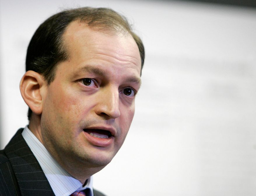 FILE - In this Jan. 16, 2008 file photo, U.S. Attorney for Southern Florida R. Alexander Acosta speaks to reporters during a news conference in Miami. On Friday, July 12, 2019, The Associated Press reported on stories circulating online incorrectly asserting that prosecutors struck a secret plea deal with Jeffrey Epstein under the Obama administration. Obama did not take office until Jan. 20, 2009, after then-Miami U.S. Attorney Alexander Acosta entered into the secret agreement with Epstein. On Friday, Acosta resigned from his role of secretary of labor in the Trump administration. (AP Photo/Alan Diaz, File)