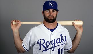 FILE - In this Feb. 21, 2019, file photo, Kansas City Royals&#39; Bubba Starling poses with a baseball bat. Starling has finally reached his goal of getting to the major leagues with the Royals. (AP Photo/Charlie Riedel, File)