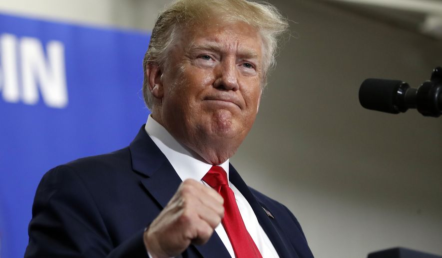 President Donald Trump speaks at Derco Aerospace Inc., a subsidiary of Lockheed Martin, Friday, July 12, 2019, in Milwaukee. (AP Photo/Alex Brandon)