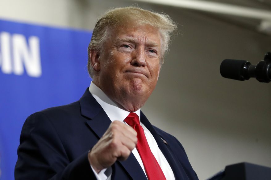 President Donald Trump speaks at Derco Aerospace Inc., a subsidiary of Lockheed Martin, Friday, July 12, 2019, in Milwaukee. (AP Photo/Alex Brandon)