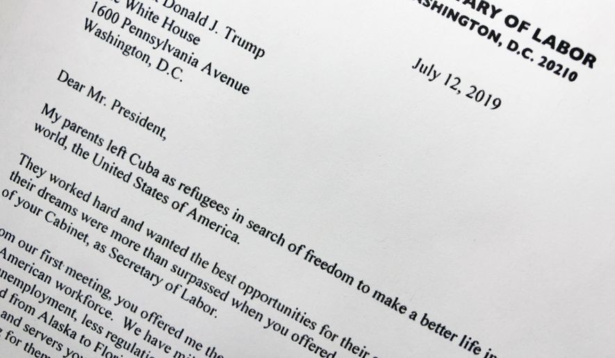 Part of the resignation letter from Labor Secretary Alex Acosta to President Donald Trump is photographed in Washington, Friday, July 12, 2019. Acosta said he is resigning following renewed scrutiny of his handling of a 2008 secret plea deal with wealthy financier Jeffrey Epstein , who is accused of sexually abusing dozens of underage girls. (AP Photo/Wayne Partlow)