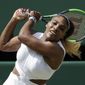 United States&#39; Serena Williams returns to Czech Republic&#39;s Barbora Strycova in a Women&#39;s semifinal singles match on day ten of the Wimbledon Tennis Championships in London, Thursday, July 11, 2019. (AP Photo/Ben Curtis)