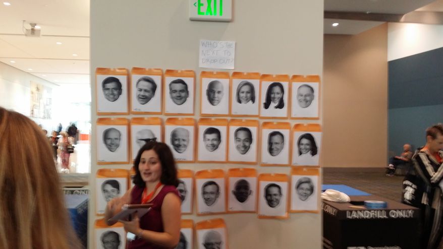 At the liberal Netroots Nation convention in Philadelphia, "The Next Hour" producer Linda Benesch takes bets on who will be the next Democratic hopeful to drop out of the 2020 presidential race. (S.A. Miller/The Washington Times)