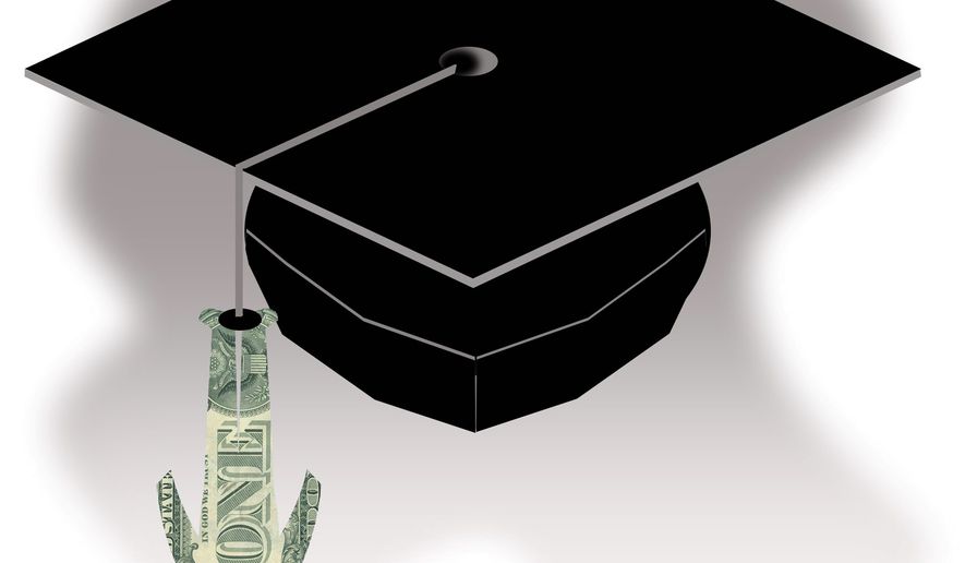 Illustration on the college tuition burden by Alexander Hunter/The Washington Times