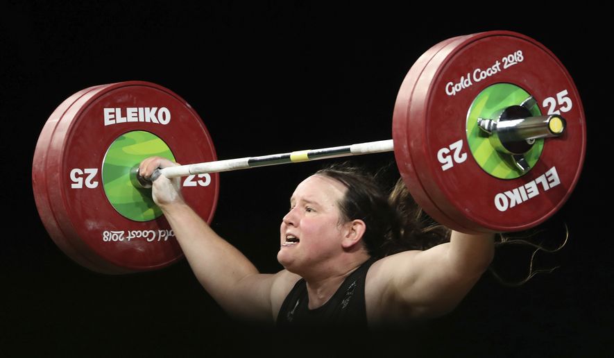 In this Monday, April 9, 2018, file photo, New Zealand's Laurel Hubbard, a trans female, participates in the women's +90kg weightlifting final at the 2018 Commonwealth Games on the Gold Coast, Australia. (AP Photo/Mark Schiefelbein) ** FILE **