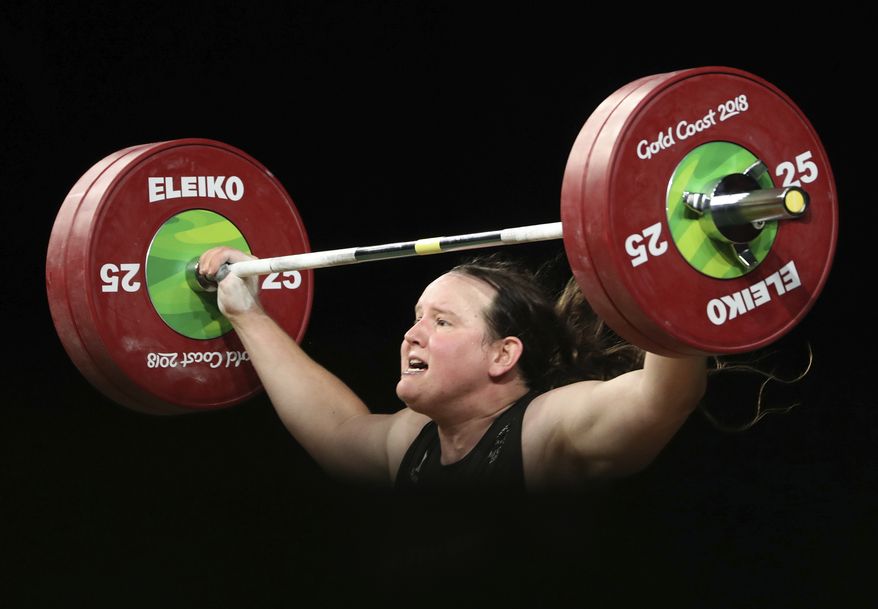 In this Monday, April 9, 2018, file photo, New Zealand&#39;s Laurel Hubbard, a trans female, participates in the women&#39;s +90kg weightlifting final at the 2018 Commonwealth Games on the Gold Coast, Australia. (AP Photo/Mark Schiefelbein) ** FILE **