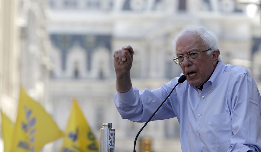 Democratic presidential candidate Bernie Sanders, I-Vt., participates in a rally alongside unions, hospital workers and community members against the closure of Hahnemann University Hospital in PhiladelphiaMonday July 15, 2019. (AP Photo/Jacqueline Larma)