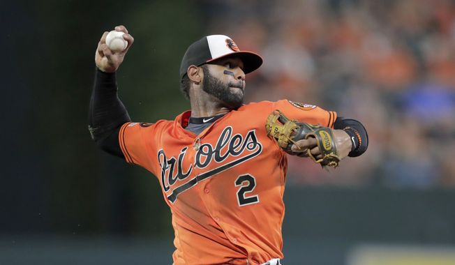 Baltimore Orioles shortstop Jonathan Villar throws to first base on a ground out by a Tampa Bay Rays batter during the sixth inning of a baseball game, Saturday, July 13, 2019, in Baltimore. The Rays won 12-4. (AP Photo/Julio Cortez)