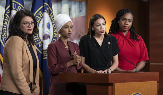 From left, Rep. Rashida Tlaib, D-Mich., Rep. Ilhan Omar, D-Minn., Rep. Alexandria Ocasio-Cortez, D-N.Y., and Rep. Ayanna Pressley, D-Mass., respond to remarks by President Donald Trump after his call for the four Democratic congresswomen to go back to their &amp;quot;broken&amp;quot; countries, during a news conference at the Capitol in Washington, Monday, July 15, 2019. All are American citizens and three of the four were born in the U.S. (AP Photo/J. Scott Applewhite)