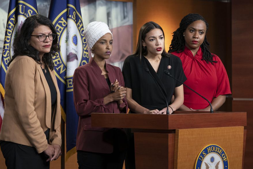 From left, Rep. Rashida Tlaib, D-Mich., Rep. Ilhan Omar, D-Minn., Rep. Alexandria Ocasio-Cortez, D-N.Y., and Rep. Ayanna Pressley, D-Mass., respond to remarks by President Donald Trump after his call for the four Democratic congresswomen to go back to their &amp;quot;broken&amp;quot; countries, during a news conference at the Capitol in Washington, Monday, July 15, 2019. All are American citizens and three of the four were born in the U.S. (AP Photo/J. Scott Applewhite)
