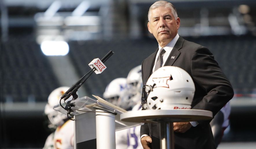 Big 12 Conference commissioner Bob Bowlsby takes the stage on the first day of Big 12 Conference NCAA college football media days Monday, July 15, 2019, at AT&amp;amp;T Stadium in Arlington, Texas. (AP Photo/David Kent)
