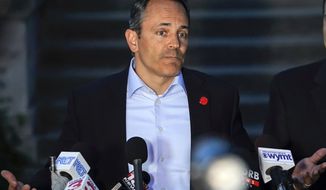 FILE - In this May 21, 2019, file photo, Kentucky Gov. Matt Bevin speaks at a news conference after winning the Republican gubernatorial primary in Frankfort, Ky. Bevin announced Monday, July 15, 2019 that a special legislative session will convene Friday, July 19 at the state Capitol in Frankfort in an effort to deliver relief for regional universities and quasi-governmental agencies strapped by surging pension costs.  (AP Photo/Bryan Woolston, File)