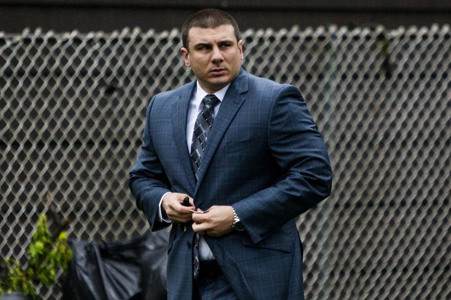In this May 13, 2019, file photo, New York City police officer Daniel Pantaleo leaves his house in Staten Island, N.Y. Time is running out for federal prosecutors to take action in the 2014 death of Eric Garner, the unarmed black man heard on video crying &amp;quot;I can&#x27;t breathe&amp;quot; after Pantaleo put him in an apparent chokehold. (AP Photo/Eduardo Munoz Alvarez, File)